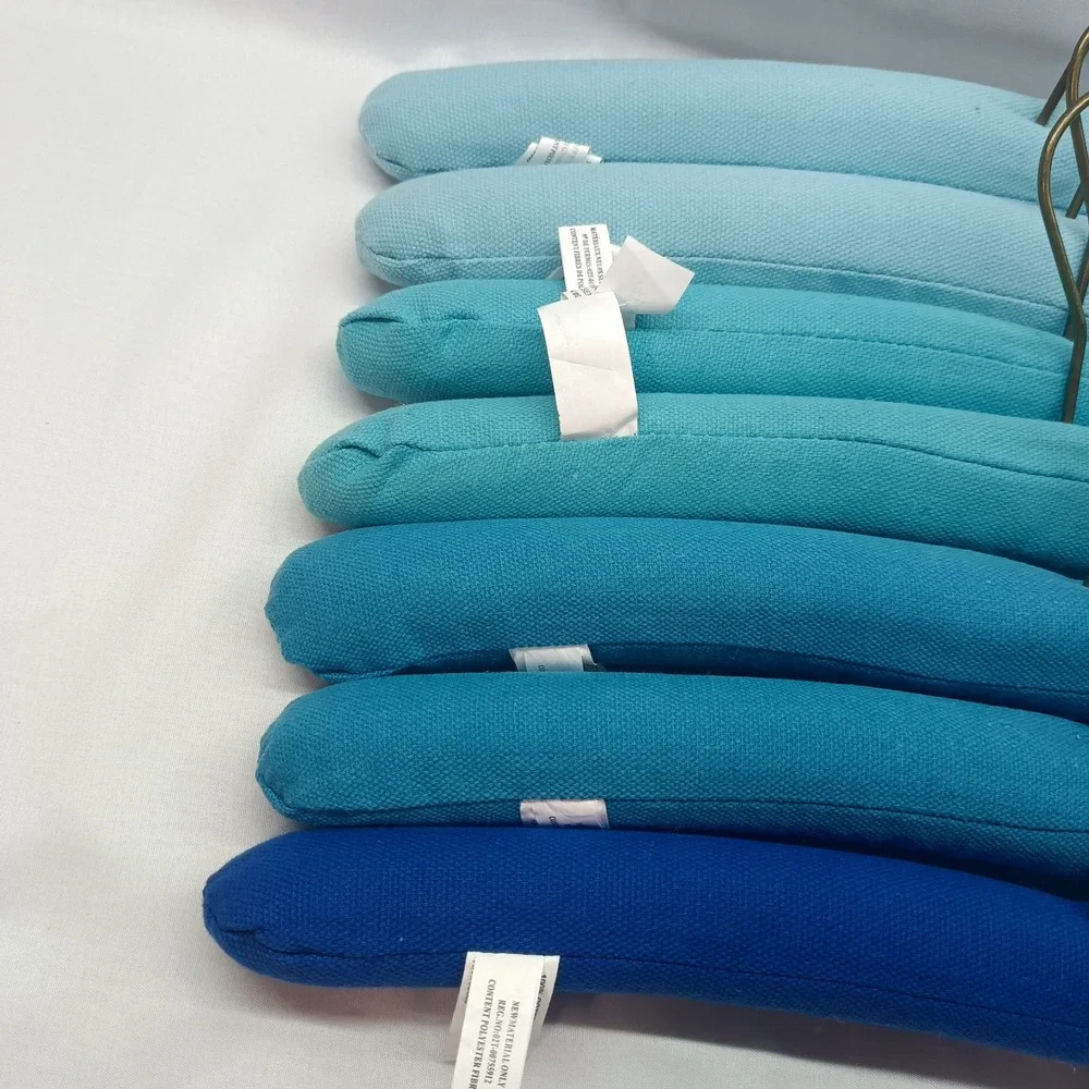 Set of 7 Ombre Blue Padded Cotton Canvas Clothes Hangers Antique Brass Hook
